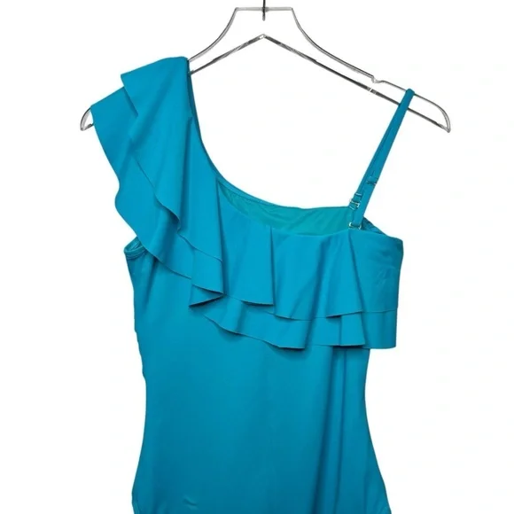 NEW Tahari Teal Blue One Shoulder Ruffle Women’s One piece Swinsuit Sz 6 - Picture 9 of 11